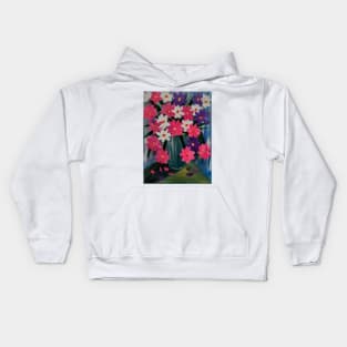 Some bright and colorful abstract flowers in a turquoise vase. Kids Hoodie